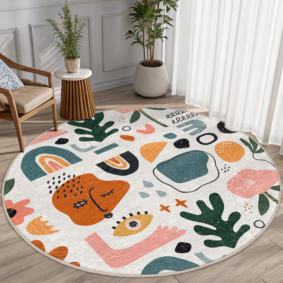 Abstract Face Art Round Rug-colorful Geometric Shape Mat-modern Boho ...