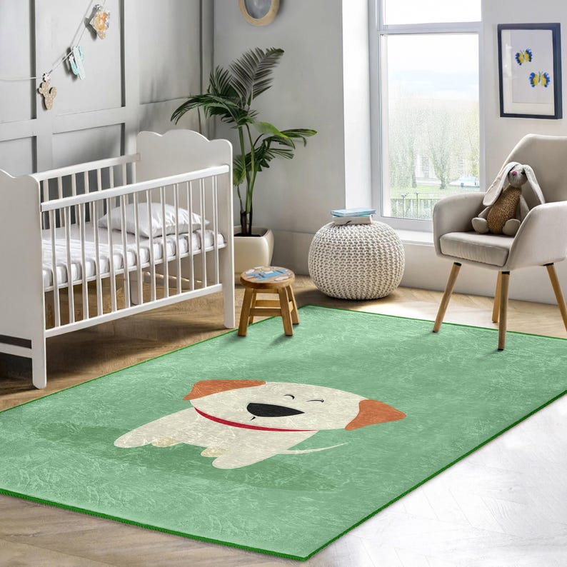 Kids Green Carpet - Playroom Accent Rug - Easy Clean Rug