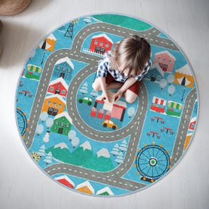 Kleurrijke stadsplattegrond kinderkamer rond tapijt-Road River Trees Circle-tapijt-interactieve Playtown-cirkelmat-blauw tapijt speelkamer-advent kinderkamerinrichting