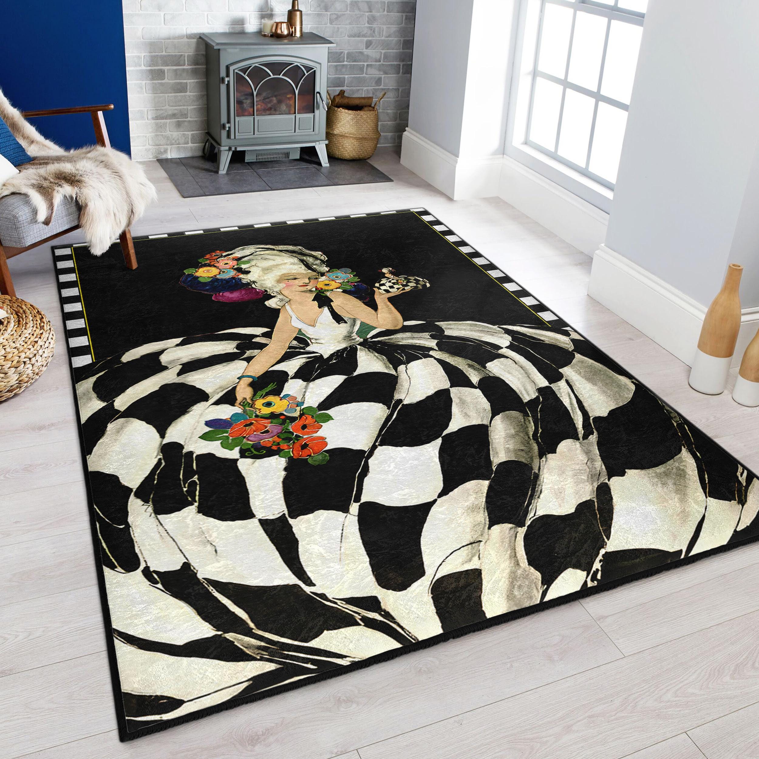 Baroque Lady Area Rug - Checkerboard Floral Carpet - Black White Accent ...