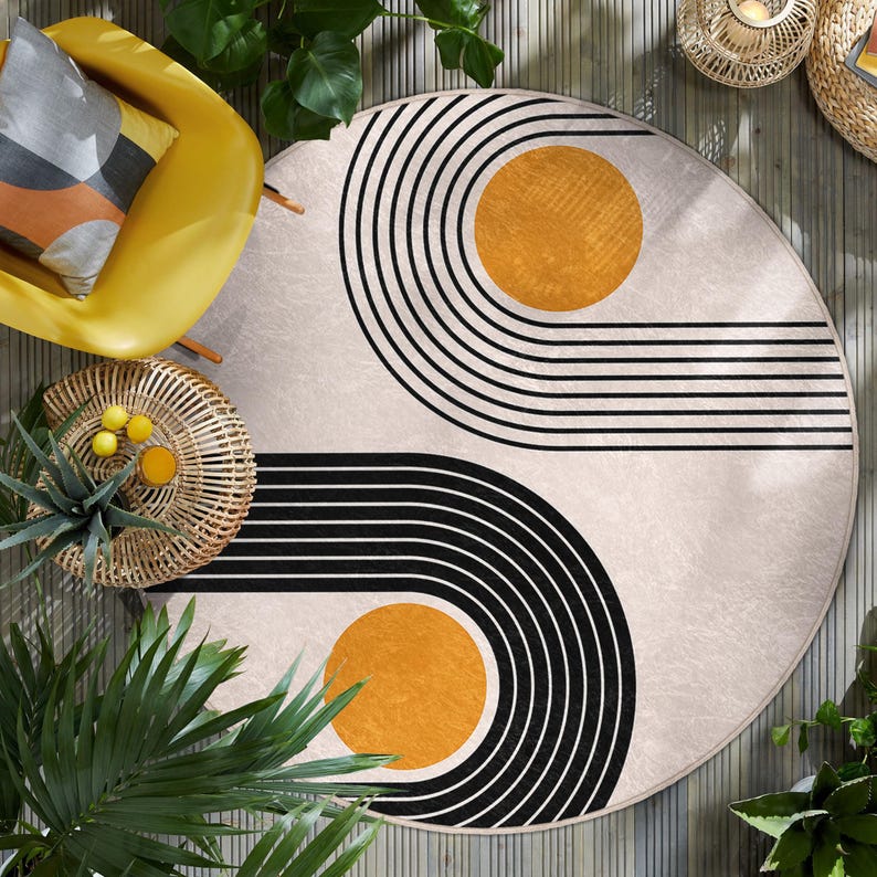 Orange Accent Carpet - Minimalist Geometric  -Contemporary Round R