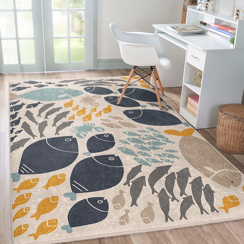 Underwater Fish Design Rug - Oceanic Marine Life Mat - Aqua Beige ...