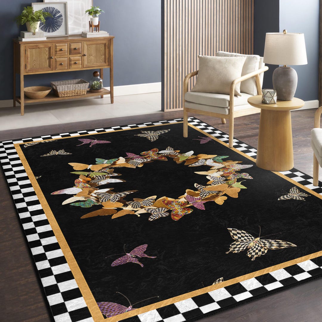 Black Butterfly Accent Rug - Checkered Border Area Mat -floral ...