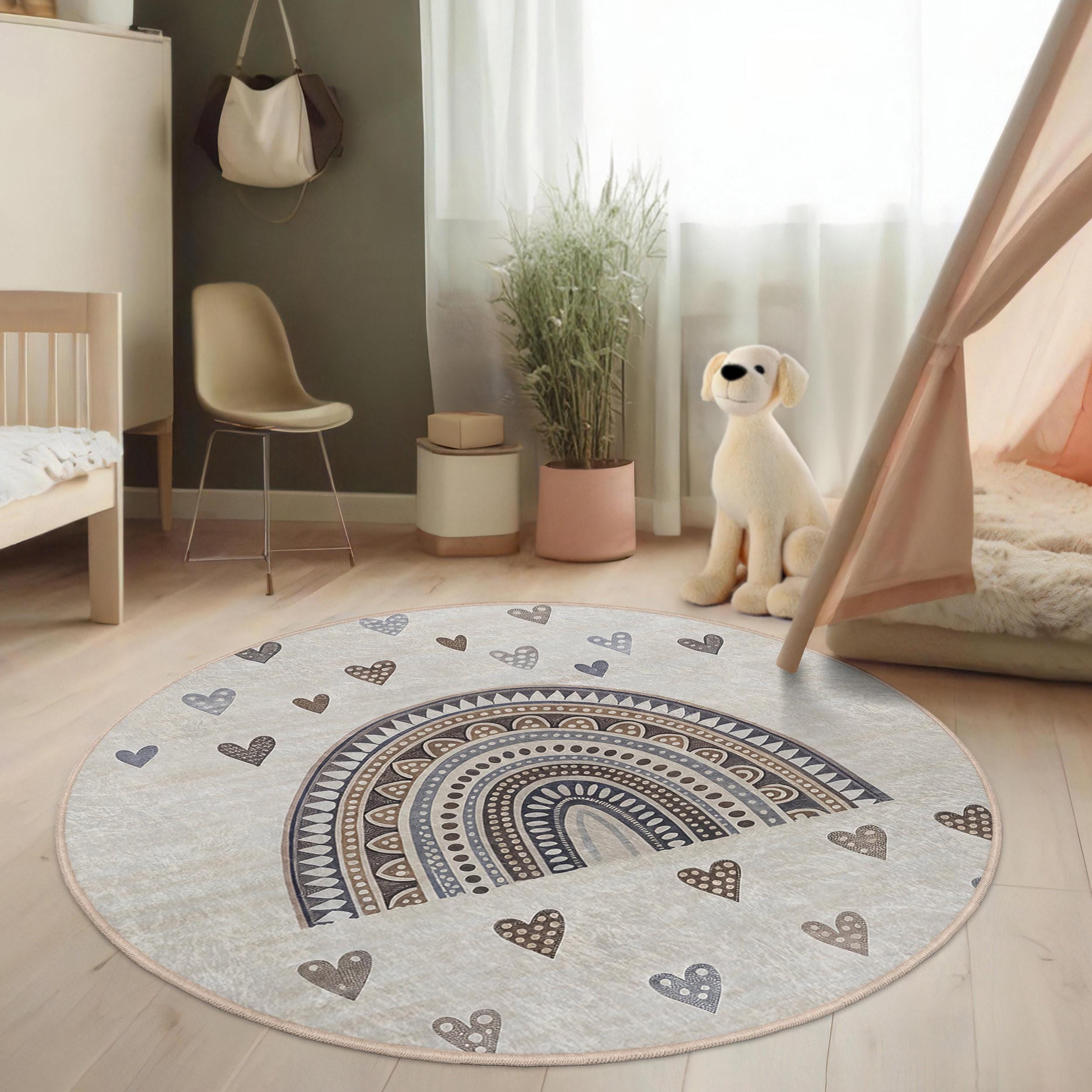 Rainbow Hearts Kids Room Round Rug - Geometric Blue Brown Circle