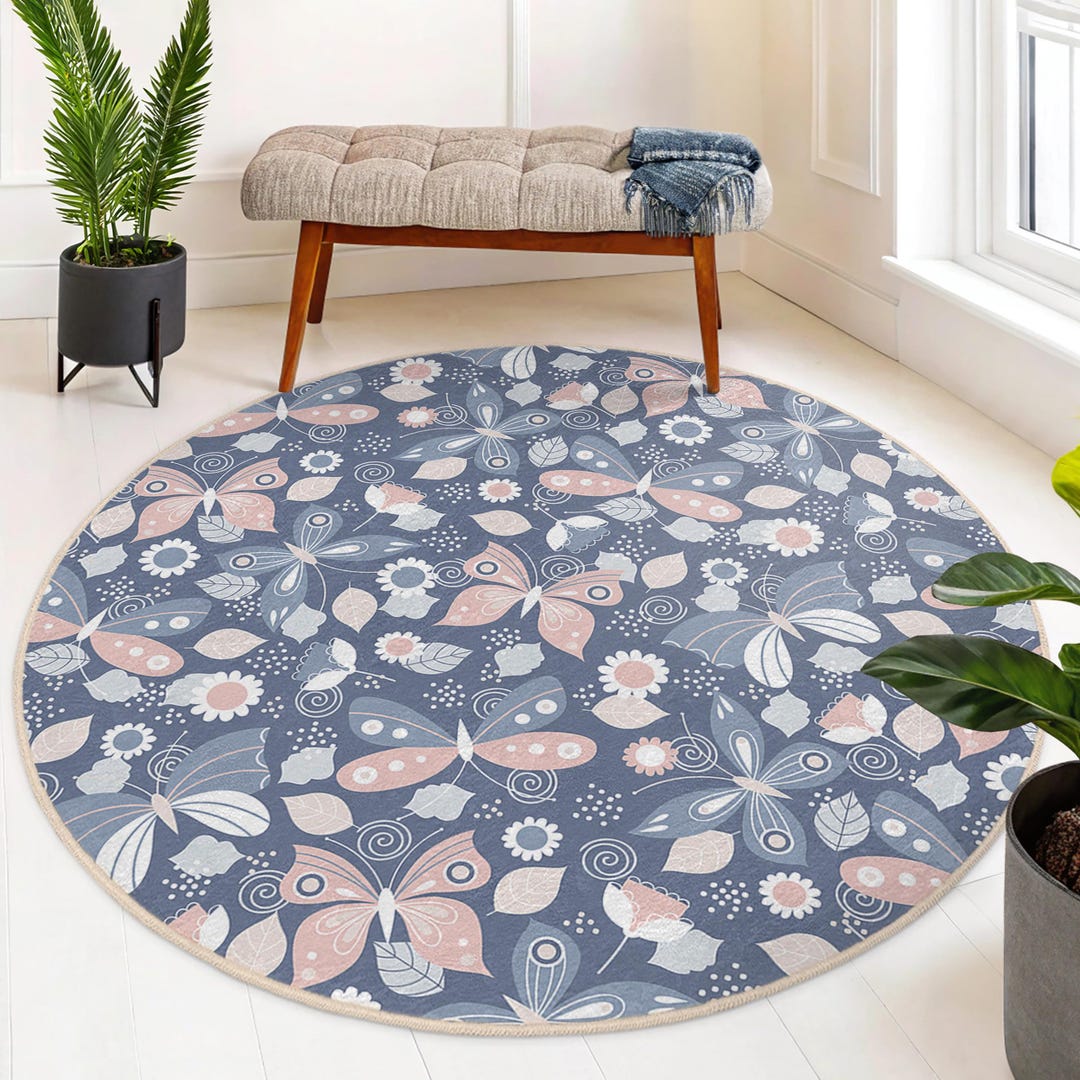 Butterfly Floral Design Round Rug - Whimsical Butterflies Leaves ...