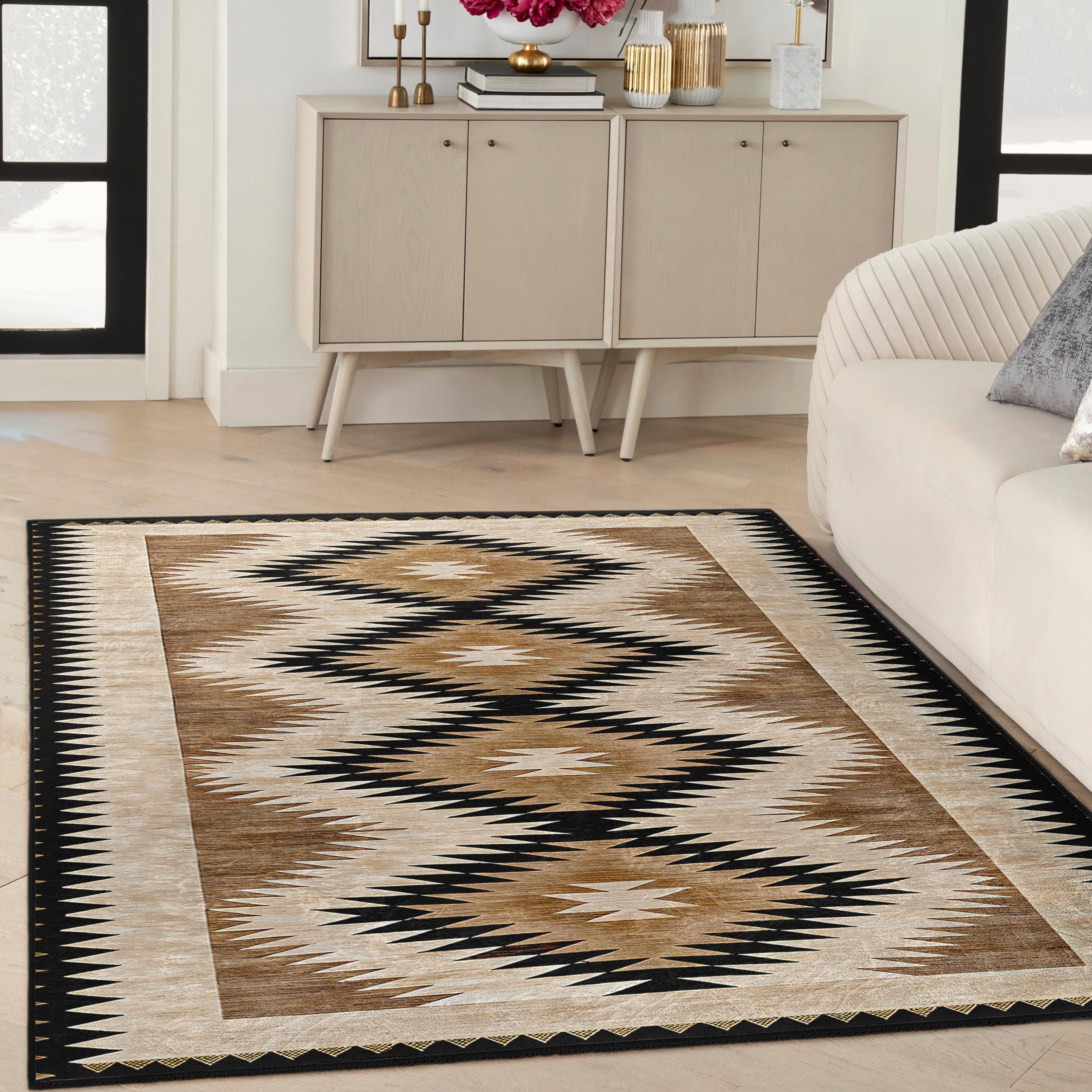 Aztec Tribal Area Rug - Brown Zigzag Check Rug - Rustic Non Slip Runner ...