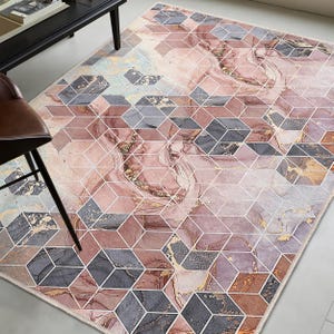 Hexagonal Marble Area Rug -Cubic Swirl Mat - Earth Tone Square Rug - Geometric Art Accent Carpet - Rose Gold Runner - Modern Living Room Mat