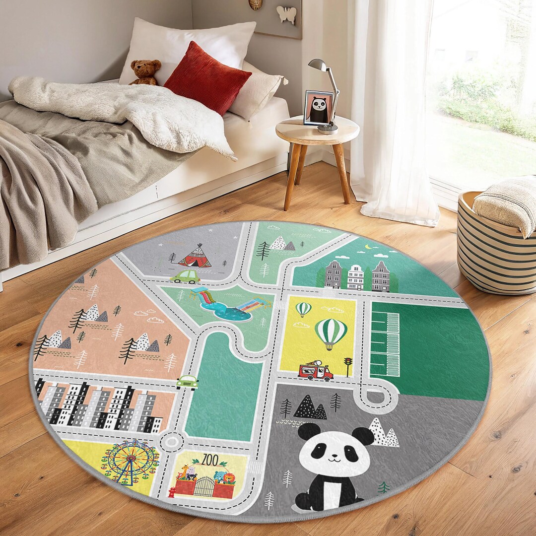 Adventure Panda Kid Room Round Rug-green City Street Circle Carpet ...