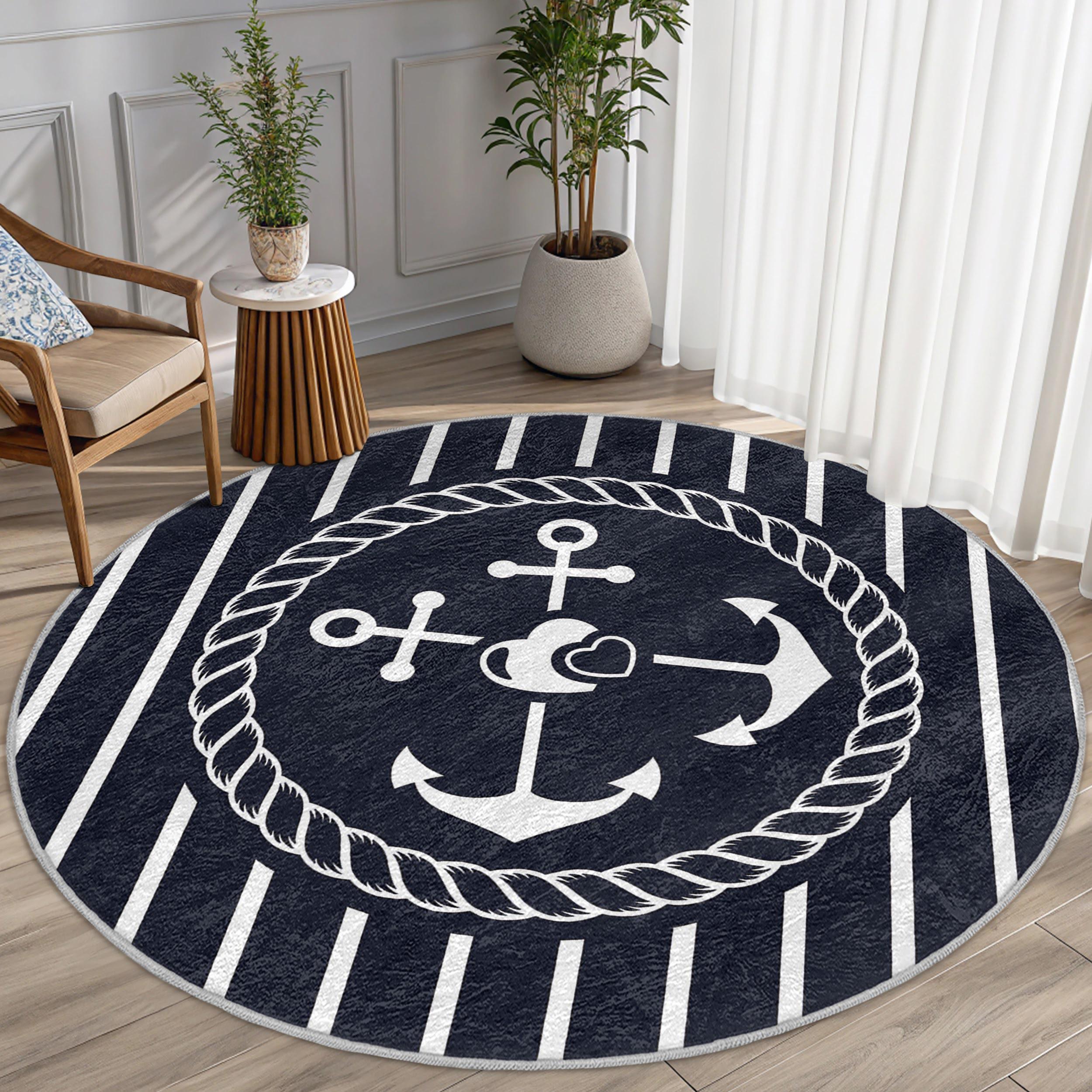 Nautical Anchor Design Round Rug - Navy Striped Nautical Pattern Circle ...