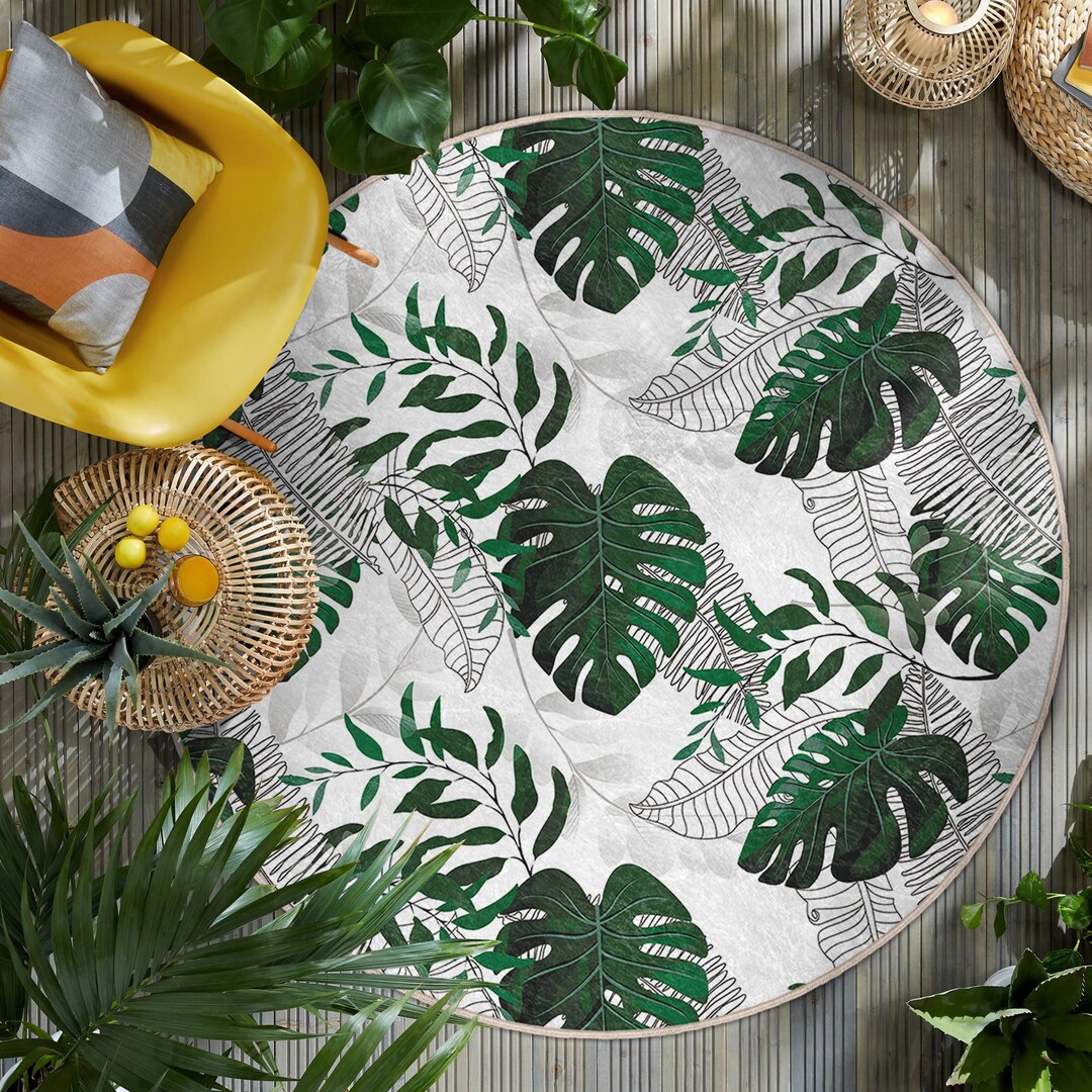 Tropical Leaf Design Round Rug - Botanical Green Leaf Circle Carpet ...