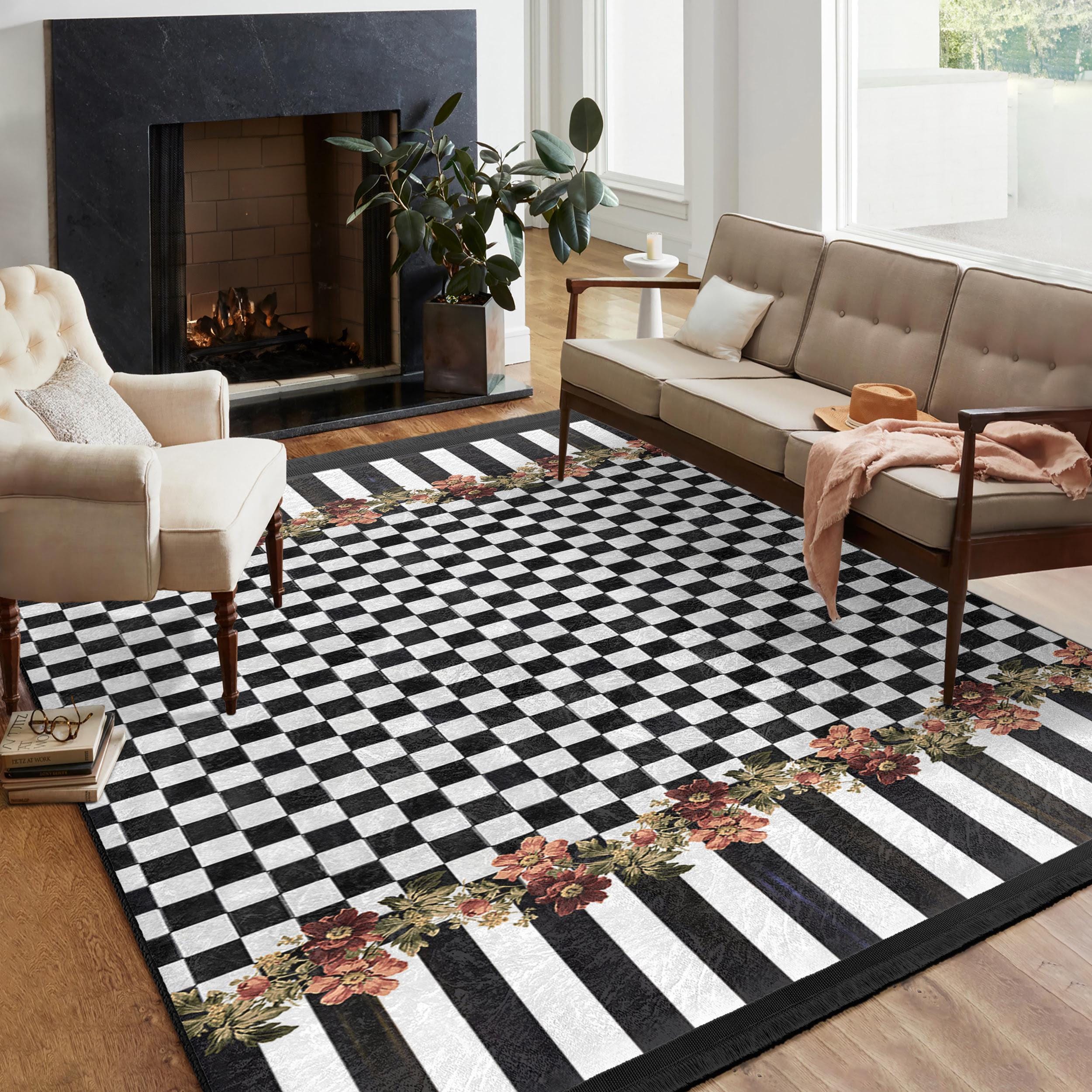 Chess Board Pattern Rug Chessboard Floral Area Rug-striped Botanical Accent Mat-black Checker ...