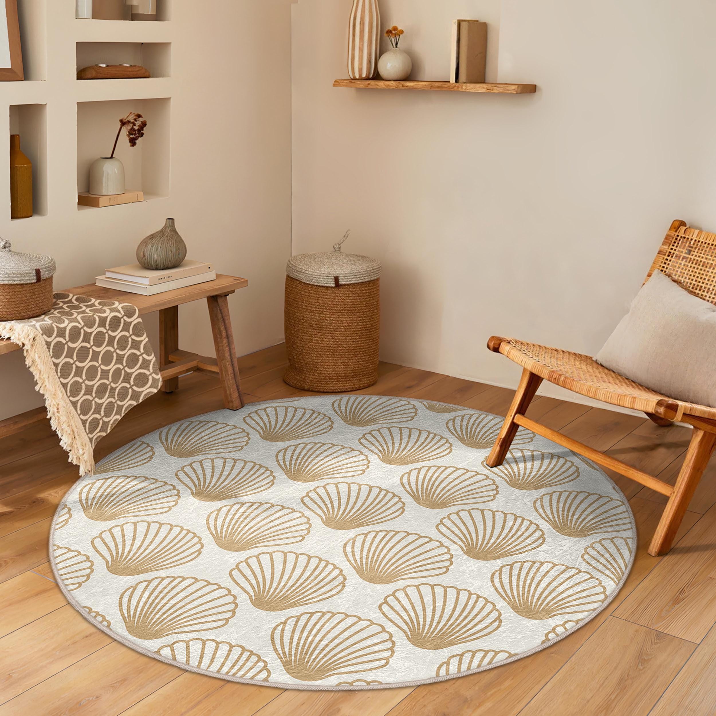 White Shell Rug Elegant Shell Round Rug - Tan Wavy Shells Circle Carpet-coastal Decor ...