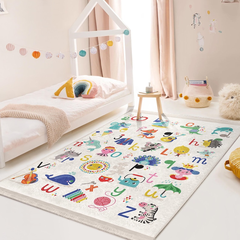Alphabet Animals Nursery Learning Rug-colorful Cartoon Letters Carpet ...