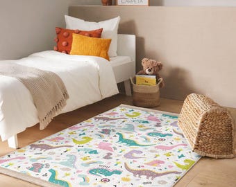 Playful Dinosaurs Kids Room Rug - Dinosaur Pattern Child Carpet - Colorful Nursery Accent Rug - Fun Anti-Slip Area Rug - Washable Play Mat