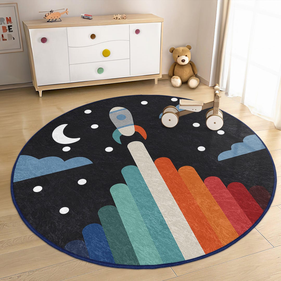 Rocket Circular Rug Rocket Space Adventure Circle Carpet-colorful Moon Clouds Oval Mat ...