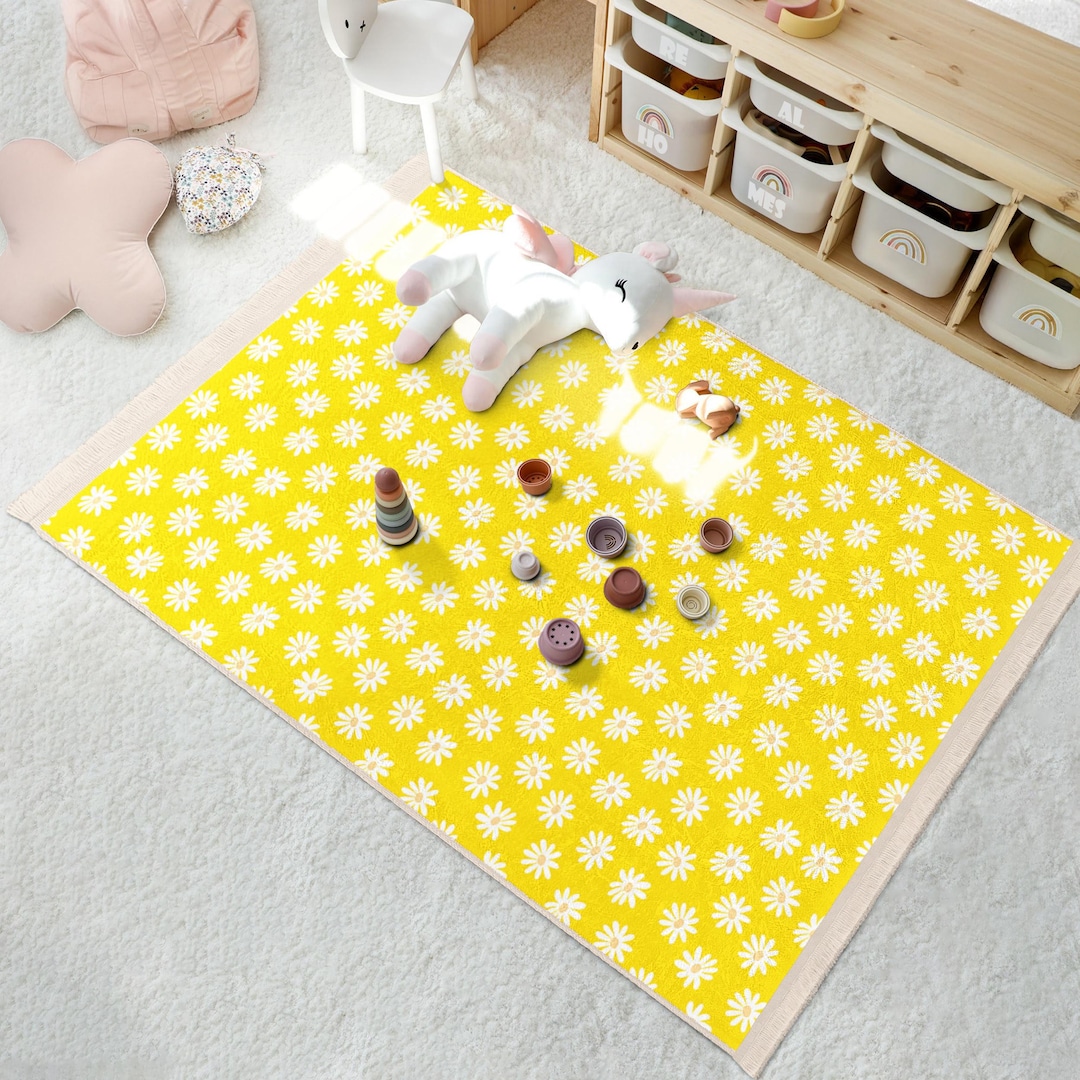 Fun Daisy Rug Yellow Daisy Pattern Rug - Cheerful Floral Play Mat - Nursery Accent ...