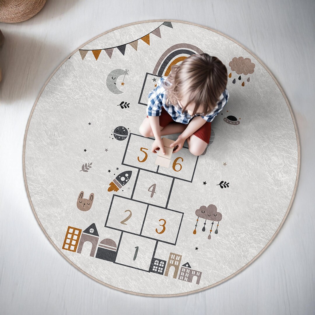 Rocket Circular Rug Hopscotch Space Kids Room Round Rug - Moon Rocket Cloud Stars Circle ...