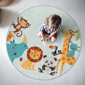 Rond tapijt kinderkamer jungledieren - blauw Safari Friends cirkeltapijt - Speelse cartoon Safari cirkelmat - Rond tapijt kinderkamer