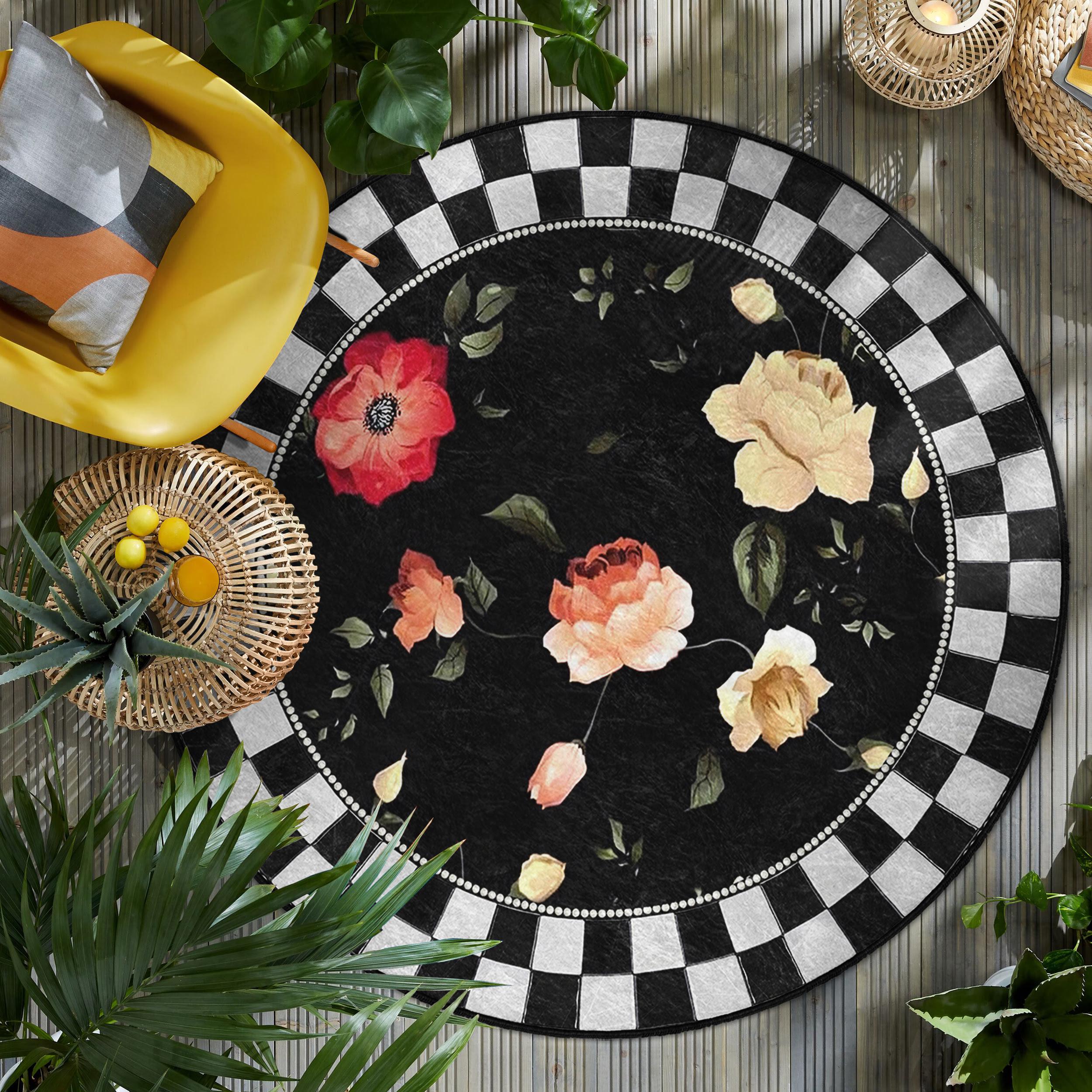 Elegant Floral Checkered Round Rug - Vintage Floral Circle Carpet ...