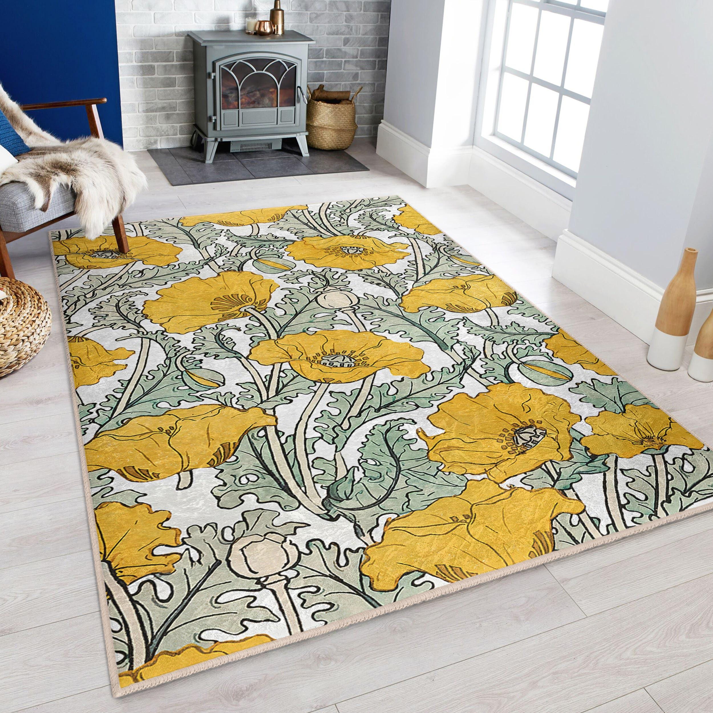 Yellow Floral Poppy Area Rug - Botanical Green Leaf Mat - Non Slip ...