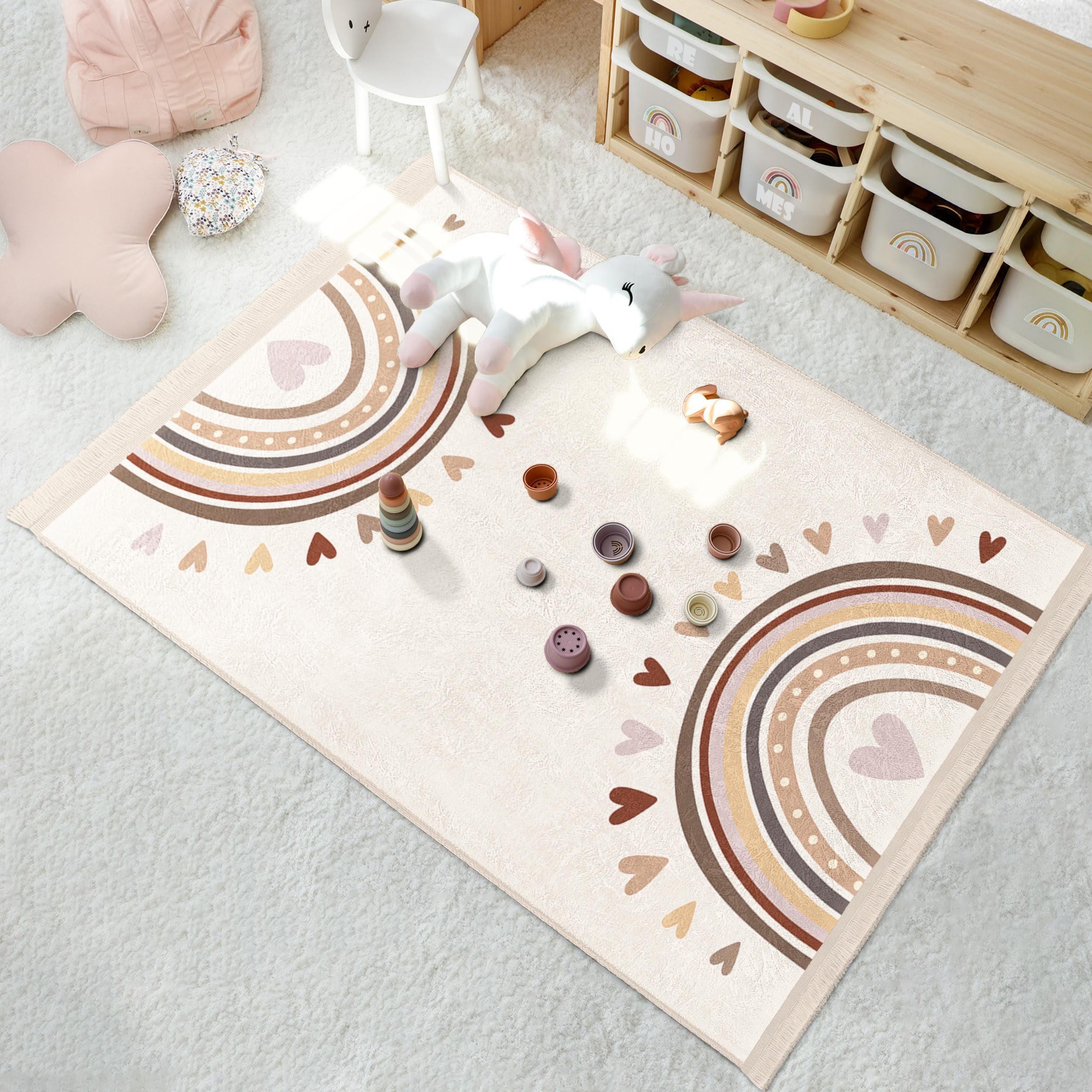 Rainbow Heart Pattern Rug - Nursery Kids Room Decor - Cream Color ...