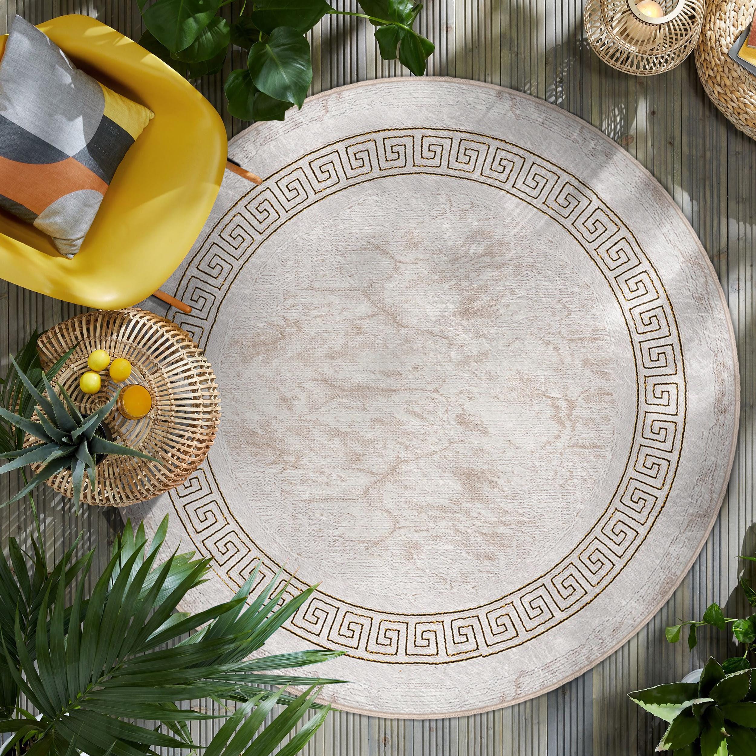 Greek Key Border Beige Round Rug - Geometric Pattern Circle Carpet ...