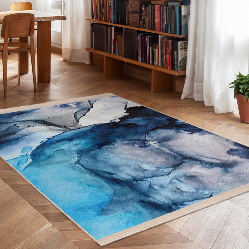 Water Print Rug Blue Ocean Waves Accent Rug - Ink Blot Art Mat -watercolor Non Slip ...