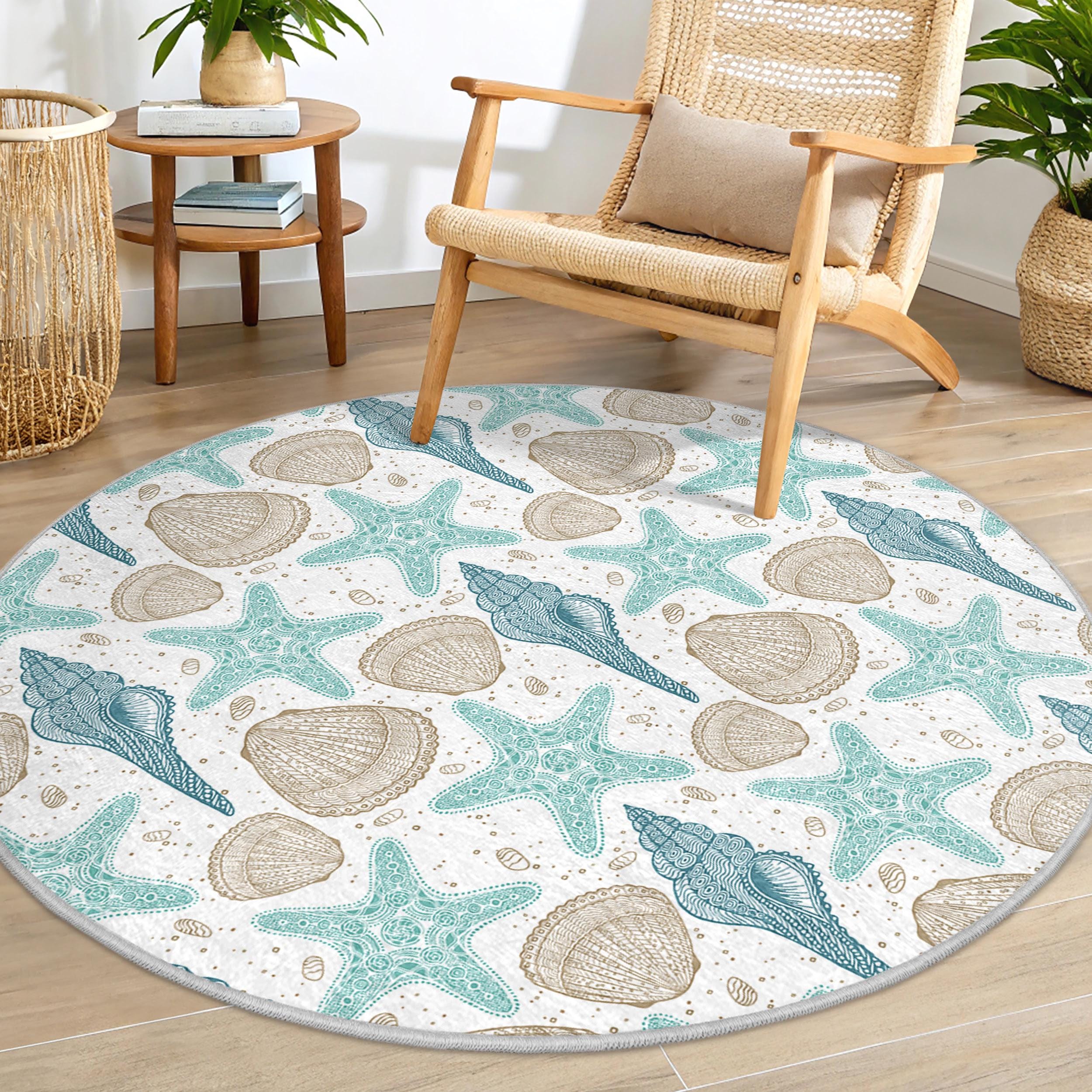 Aqua Starfish Seashell Round Rug -ocean Beach Motif Area Rug