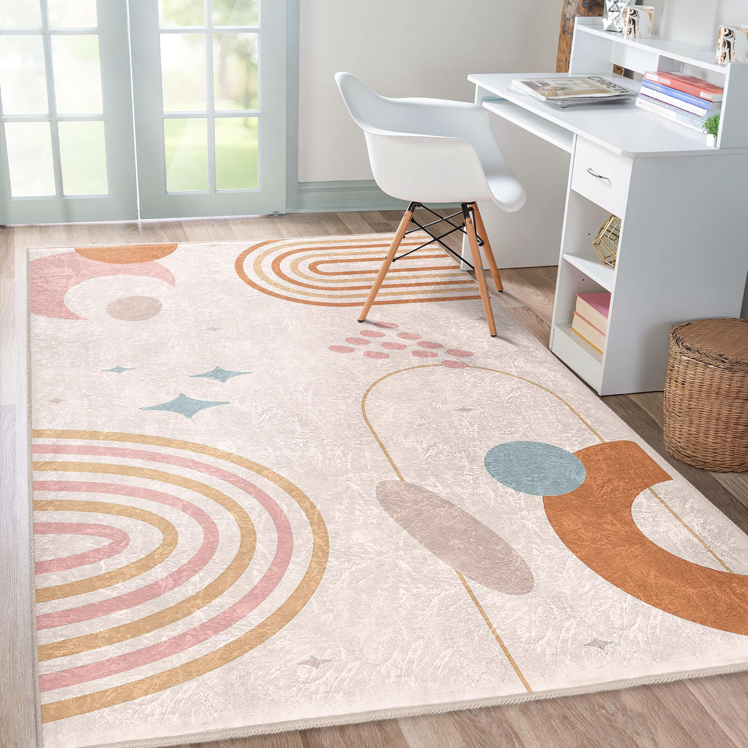 Boho Rainbow Soft Pink Pastel Rug - Geometric Arch Kid Carpet-antislip ...