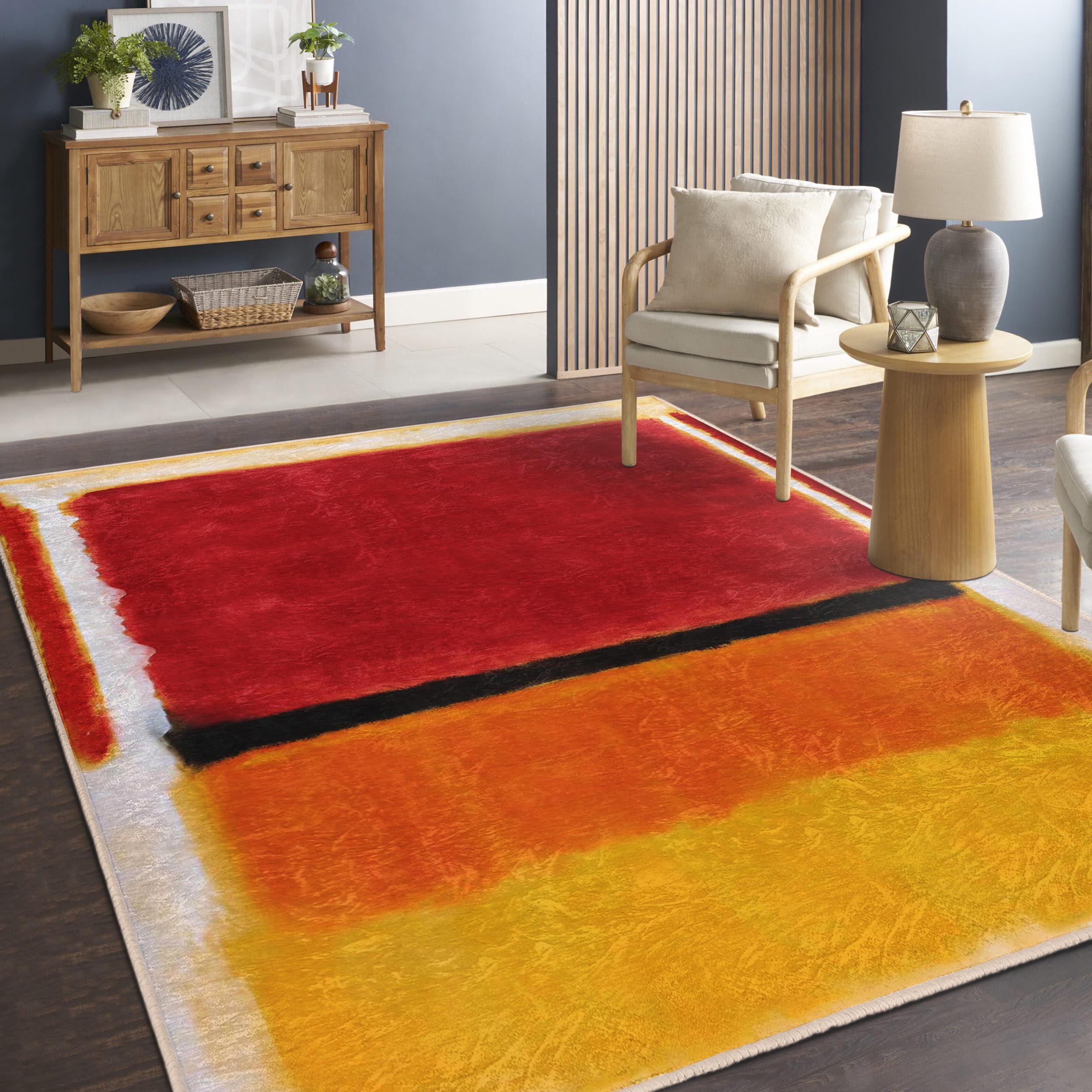 Yellow Red Colorblock Area Rug - Bold Black Accent Mat - Abstract Non ...