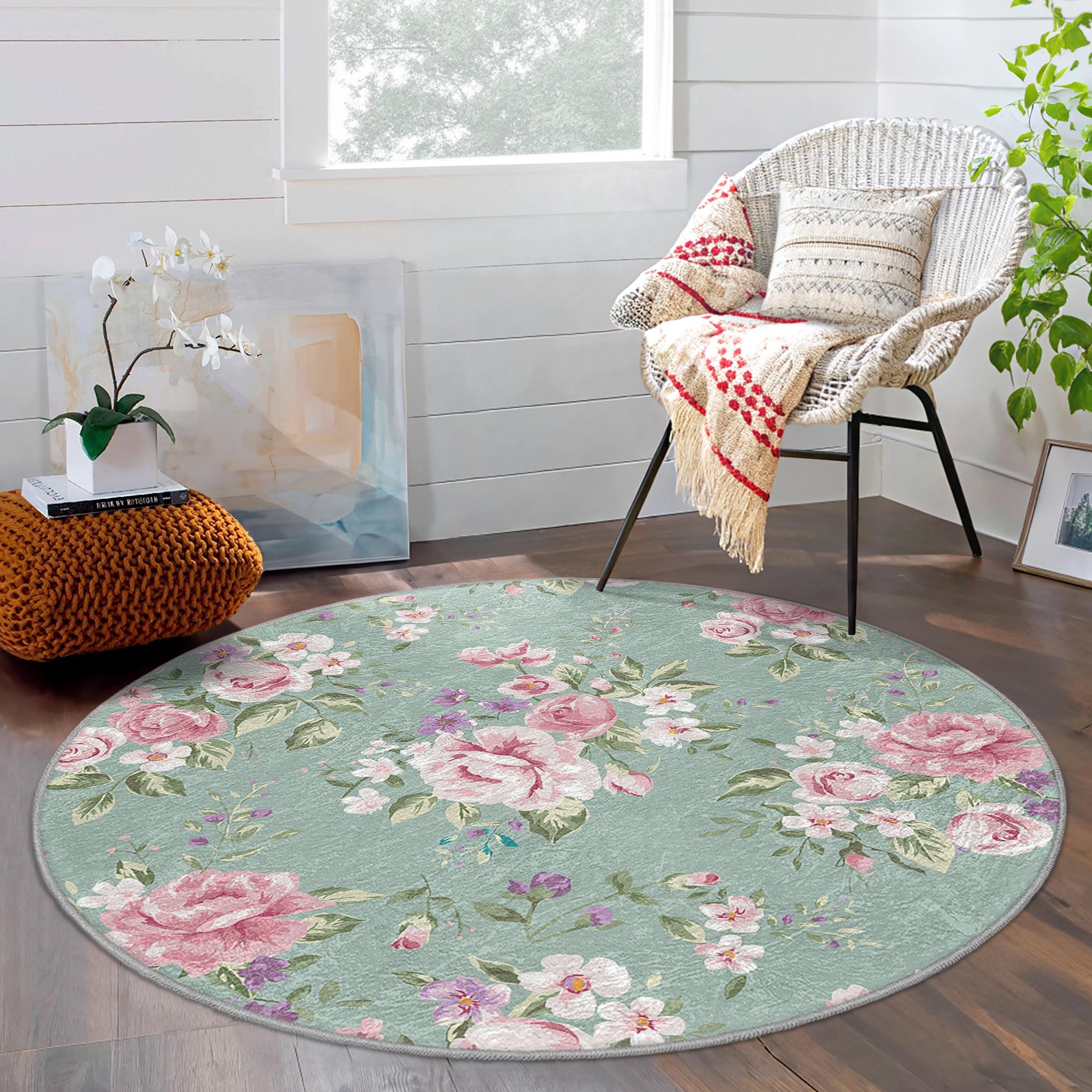 Shabby Chic Floral Round Rug - Pastel Rose Blooms Round Area Rug 