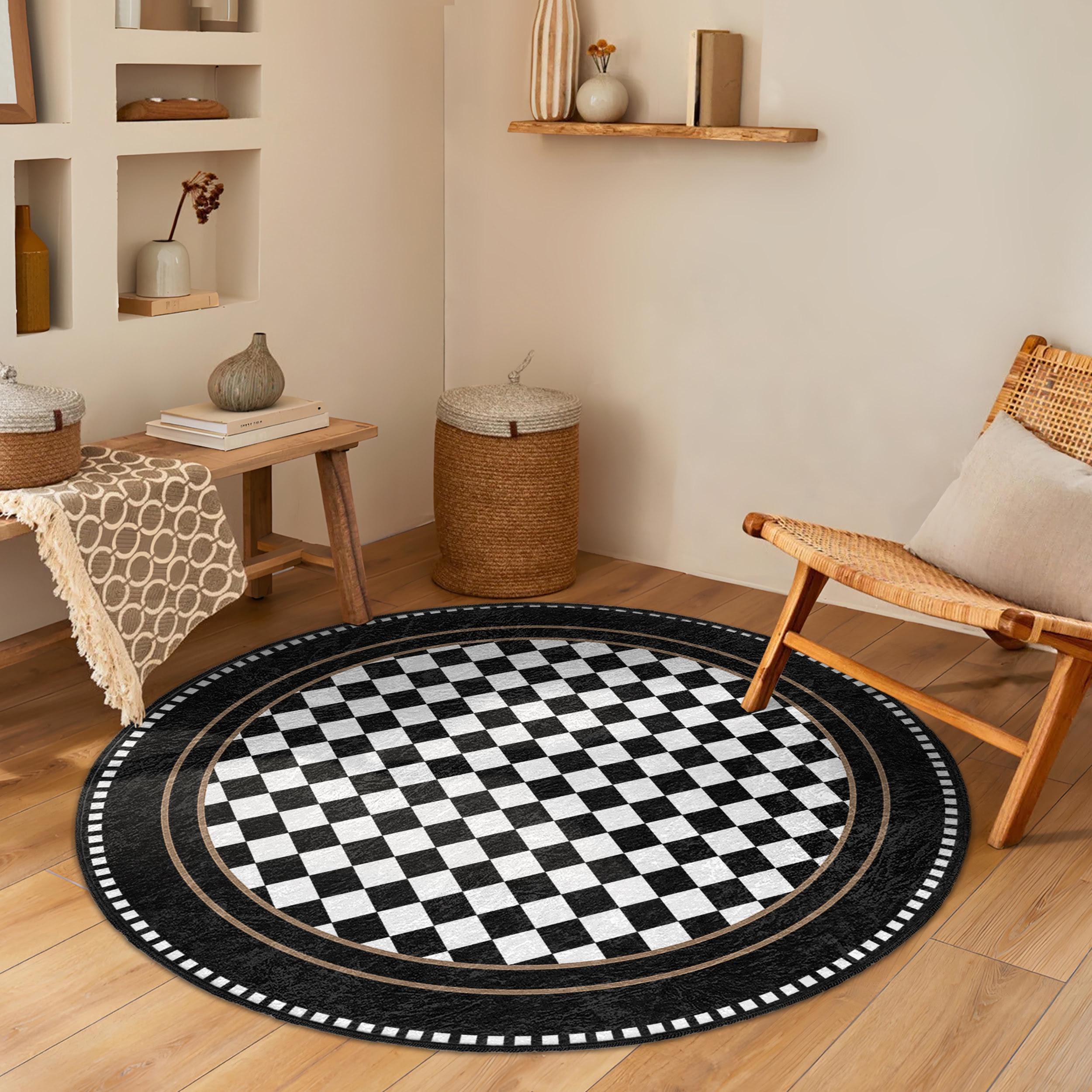 Checkerboard Modern Round Rug - Black White Geometric Circle