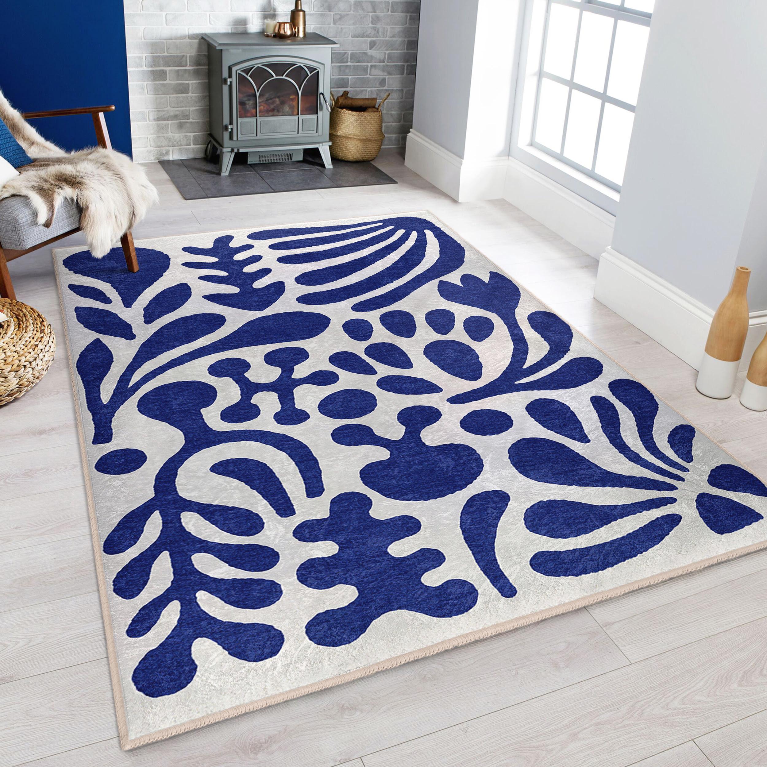 Abstract Blue Accent Rug - Bold Leaf Silhouette Carpet - Modern ...