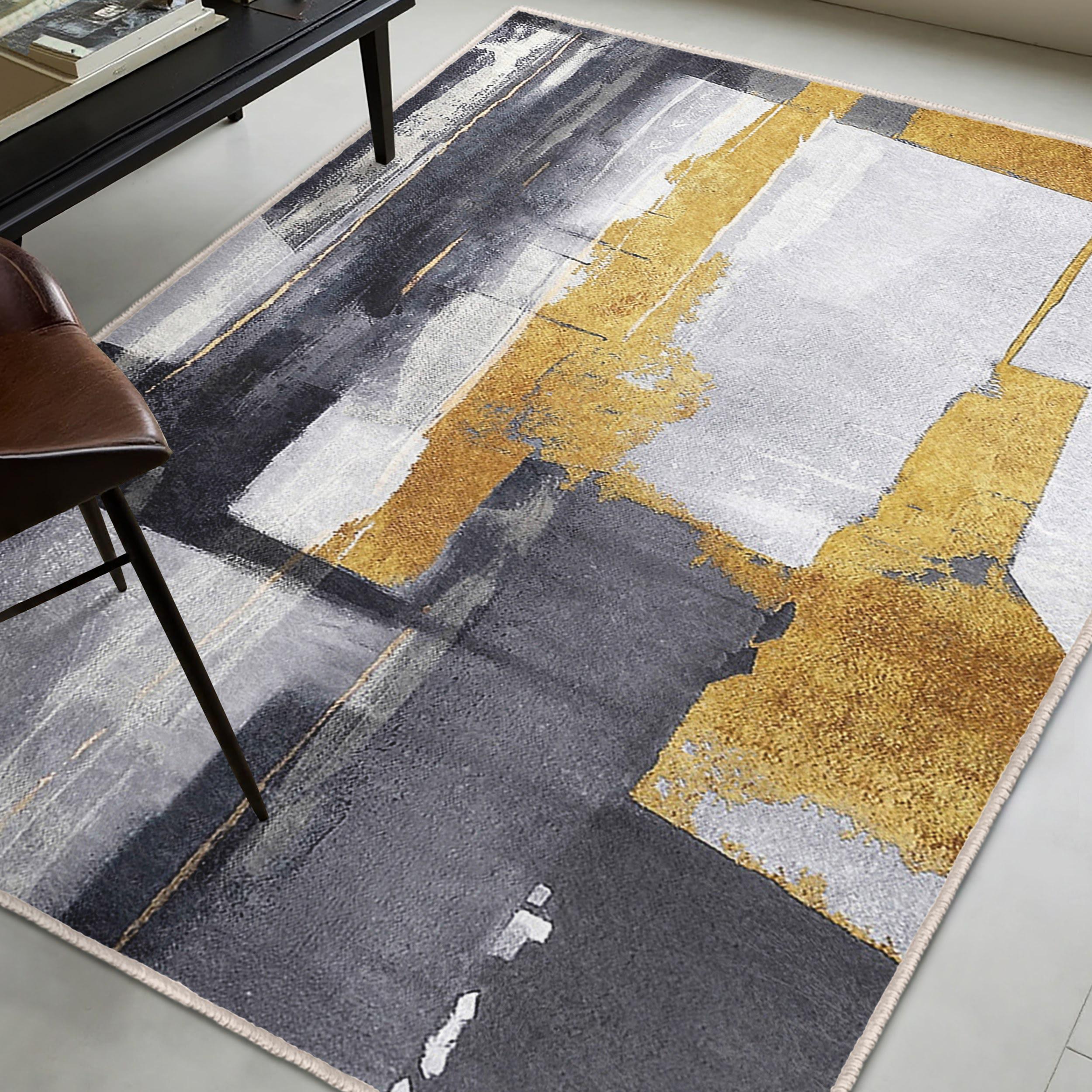Modern Abstract Art Rug - Dramatic Brushstroke Gold Pattern Living Room ...