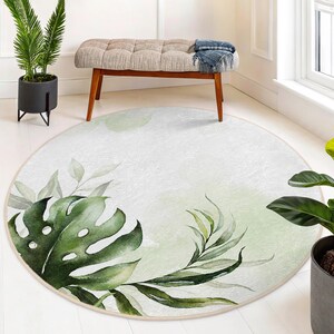 Washable Oval Mat Green Accent Rug Monstera Round Mat -