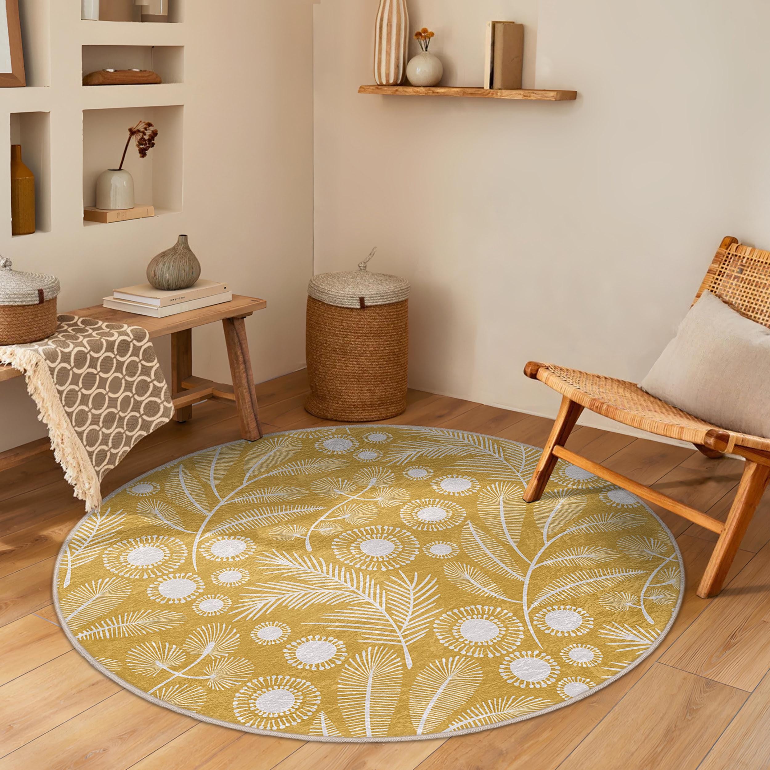 Yellow Circe Rug Botanical Floral Yellow Round Rug -pine Cones Dandelion Pattern-circle ...