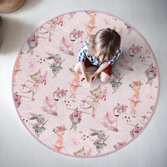 Ballet Pink Kid's Room Round Rug-cute Animal Dance Circle Carpet