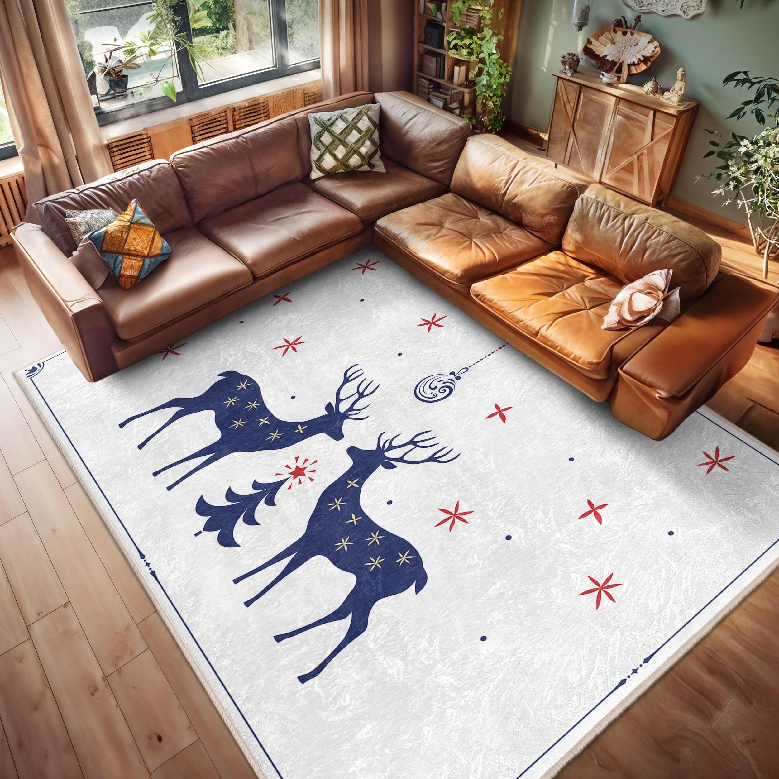 Blue Reindeer Winter Area Rug - Starry Night Accent Carpet