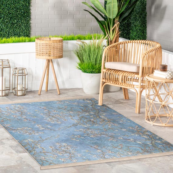 Branch Blossom Blue Area Rug - Vintage Floral Accent Carpet - Spring Garden Scene Mat - Almond Tree Area Rug - Rustic Pastel Floor Carpet