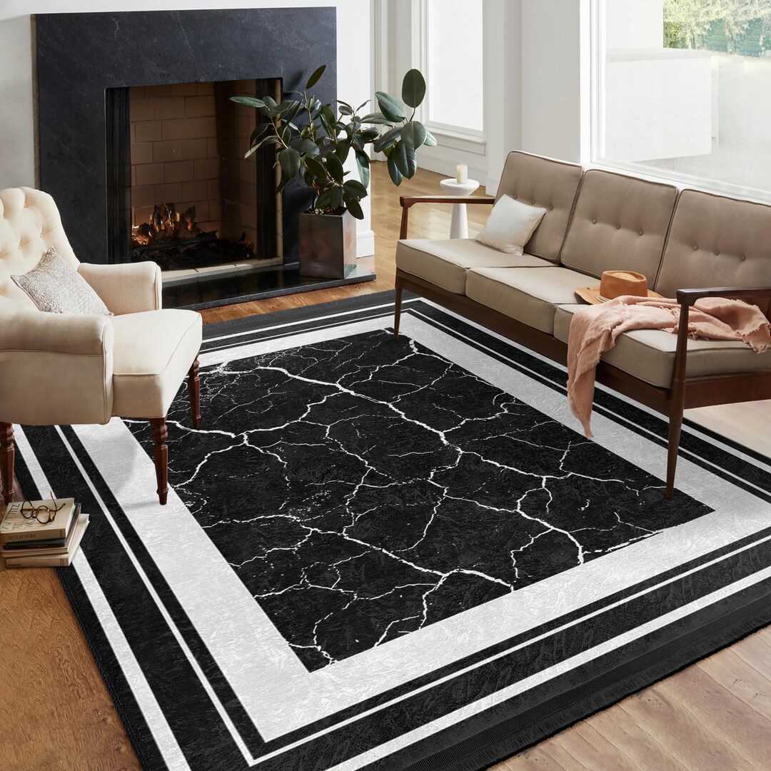 Boardered Tile Rug Cracked Marble Accent Rug -bold Black Framed Design Mat-bordered Anti ...