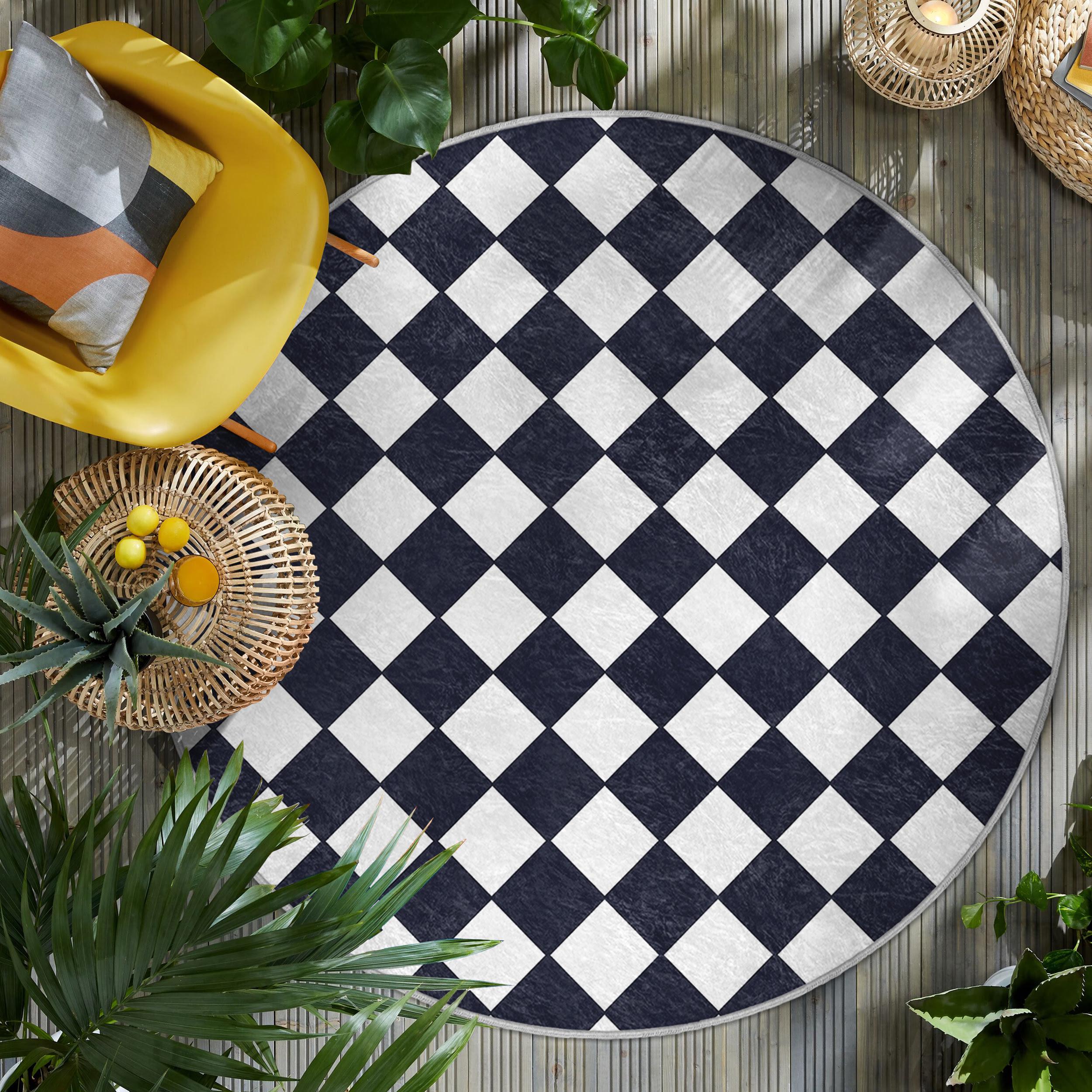 Black White Checkered Round Rug-bold Chessboard Pattern Circle Mat ...