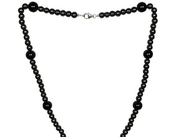 Schwarz Achat Perlen Halskette | 925er Silber, Barockperle, 40cm