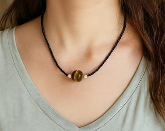 Handgemachte schwarze Spinell Perlenkette, Tigrit Edelstein, Heilstein Schmuck