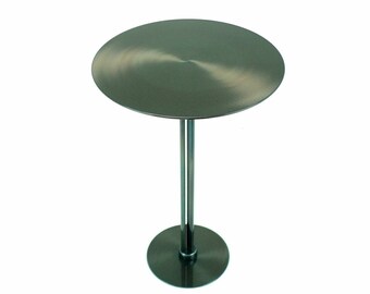 Gunmetal Patinated Steel Side Table. brown-ish gray-ish blue-ish with red accent