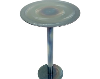 Round Steel Side End Table. Blue, Gray, Gold, Red in varying shades.