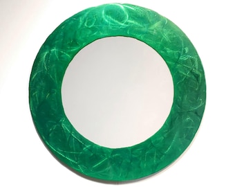 Green Wall Mirror, 18 inch. Bold Accent Colorful Decor, Metal Frame, Vibrant