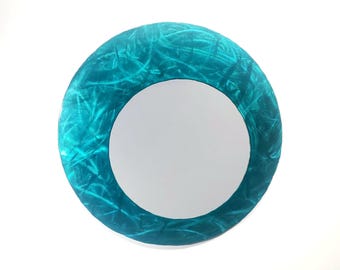 Teal accent eccentric mirror, 18 inch round. Blue, green, aqua, turquoise