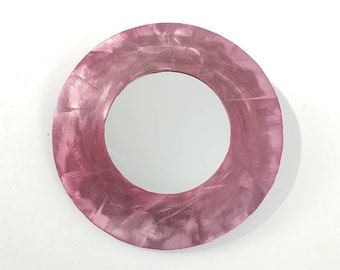 15" Pink Rose Wall Mirror. Reflective Metal Frame.