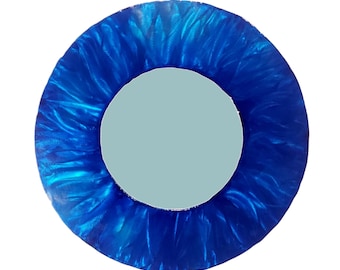 Handmade 15" Polished Steel Wall Mirror, Bold Blue Accent
