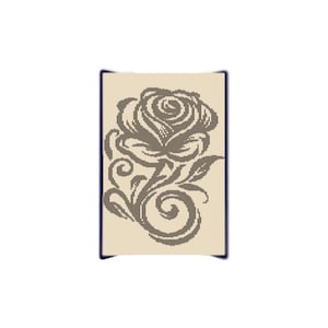 Pode incluir: Um design floral decorativo com uma rosa com folhas e redemoinhos, renderizado em marrom escuro. O design está em um fundo bege claro, emoldurado por uma borda azul escura. A imagem é um retângulo vertical.